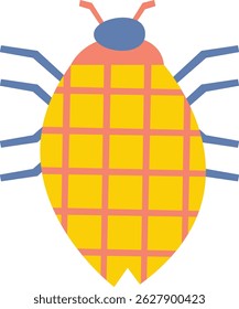 A playful insect is depicted in a bold geometric style with segmented body and short legs. This small creature has a patterned shell and a simple head. Cartoon vector illustration