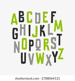 Playful irregular alphabet composition in Scandinavian inspired handmade style with colorful mixed letters. Contemporary vector typography artwork for nursery posters, indie branding and modern editorial layouts.