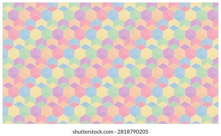 Playful isometric cube pattern. Soft pastel colors. Gentle repeating design. Lighthearted abstract background.