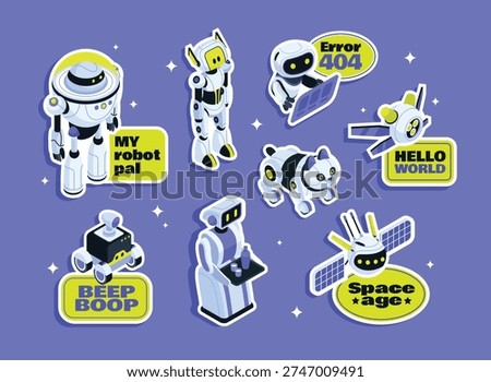 Playful isometric robot sticker set featuring service bots, delivery robots, robot pets and space-themed AI characters with bright colors.
