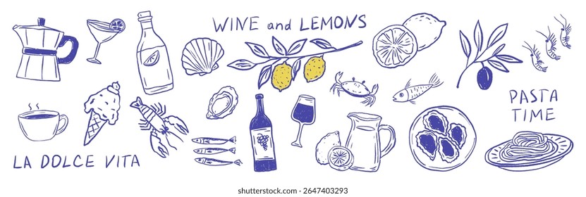 Playful Italian food and wine collection with pasta, lemon, seafood, coffee pot and handwritten sign. reflecting La Dolce Vita spirit. Vector illustration in hand-drawn crayon style for print or card.