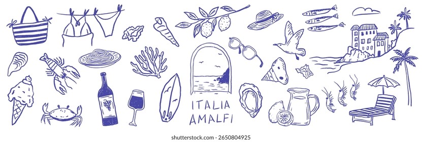 Playful Italian summer collection inspired by Amalfi coast, featuring beach life, seafood, citrus, and handwritten accents. Vector illustration in casual crayon sketch style.