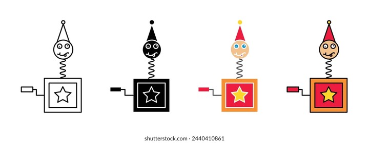 Playful Jack in the Box Toy Icons. Surprise and Prank Box Symbols. Jester Hat and Fun Puppet Imagery