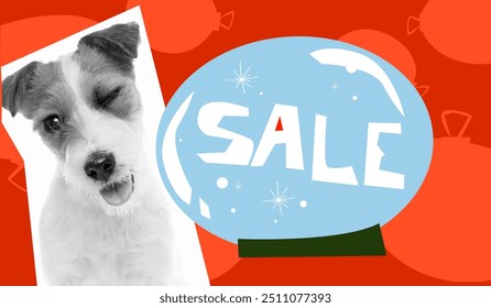 Playful Jack Russell Terrier dog with the word SALE, promoting Black Friday shopping deals in festive way. Vector illustration. Christmas shopping. Concept of shopping, Black Friday, sales. Banner