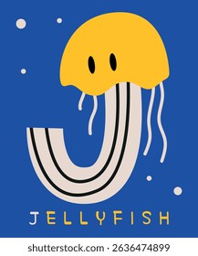 Playful Jellyfish Alphabet Vector Illustration on Blue. Vibrant vector illustration of a jellyfish shaped like the letter J on a bright blue background