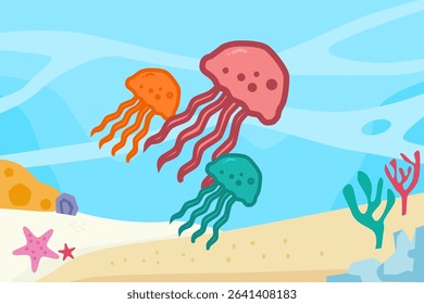 Playful Jellyfish in a Bright Seabed Illustration