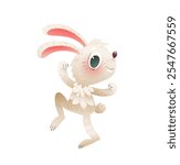 Playful jumping baby bunny or rabbit character. Cute little bunny from forest, colorful cartoon for kids. Woodland rabbit animal illustration for children. Vector animals character isolated clip art.