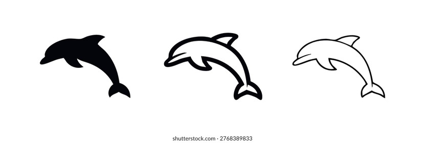 Playful Jumping Dolphin Icon Set - Happy Marine Animal Vector Illustrations in Silhouette and Outline