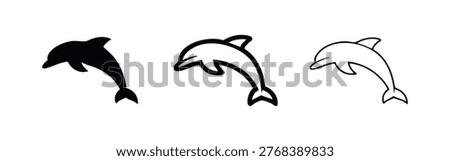 Playful Jumping Dolphin Icon Set - Happy Marine Animal Vector Illustrations in Silhouette and Outline