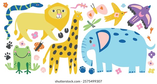 Playful jungle animals like an elephant, lion, giraffe, frog, and snake in vibrant colors evoke tropical adventures, perfect for wildlife themes and fun nature designs.