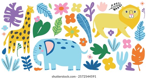 Playful jungle illustration with giraffe, lion, and elephant surrounded by tropical leaves and flowers. Great for kids' designs, safari themes, and wildlife decor.