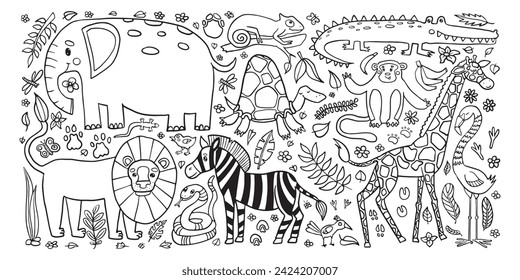 
A playful jungle set coloring page featuring a variety of animals like elephant, lion, giraffe, and more, surrounded by flora and fauna, perfect for children’s educational activities.