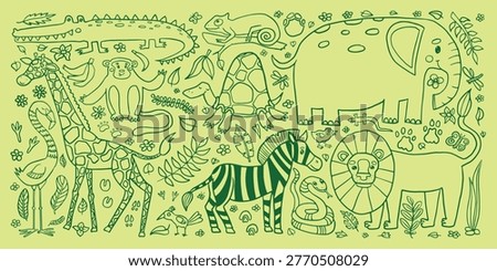 A playful jungle set coloring page featuring a variety of animals like elephant, lion, giraffe, and more, surrounded by flora and fauna, perfect for children’s educational activities.