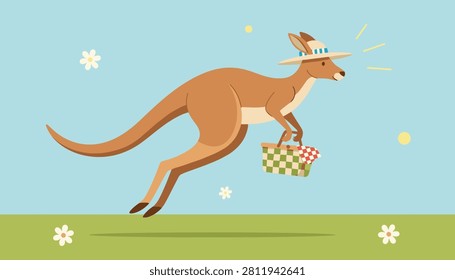 Playful kangaroo wearing a straw summer hat, hopping across a green field with a picnic basket in its hand, under a blue sky.