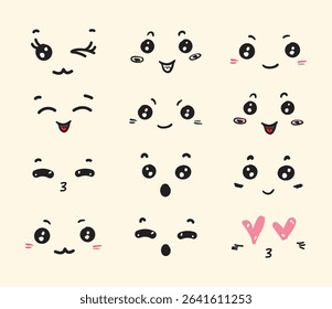 Playful kawaii face expression set with cute eyes, mouths, and emotions. Ideal for stickers, emoji packs, character designs, planners, and digital kawaii-themed projects.