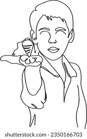 "Playful Kid Cartoon Clip Art: One-Line Sketch of Boy with Spinning Toy Latto, Charming Sketch of Child Playing with Latu, Simple Cartoon Clip Art: Kid Enjoying Spinner Toy in One Line