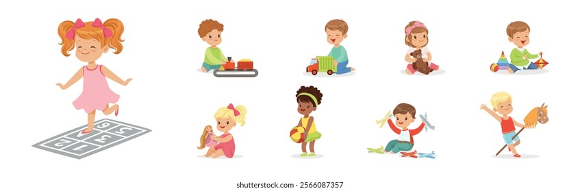 Playful Kid Character Enjoy Playtime Leisure Activity Vector Set