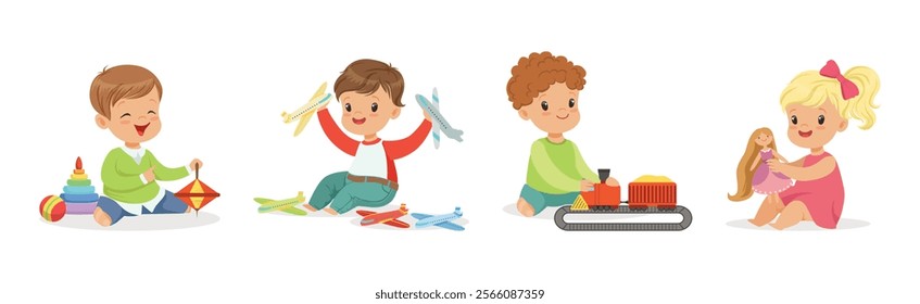 Playful Kid Character Enjoy Playtime Leisure Activity Vector Set