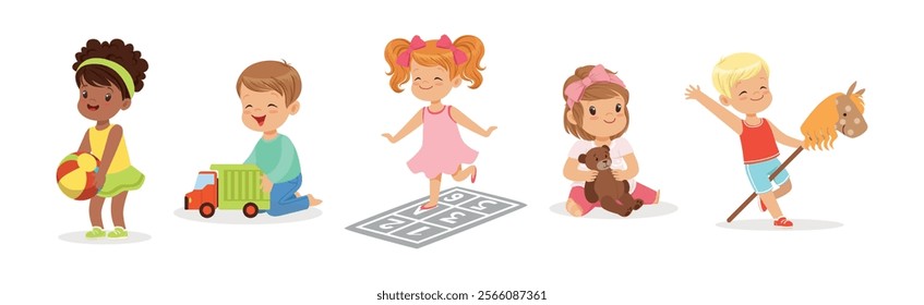 Playful Kid Character Enjoy Playtime Leisure Activity Vector Set