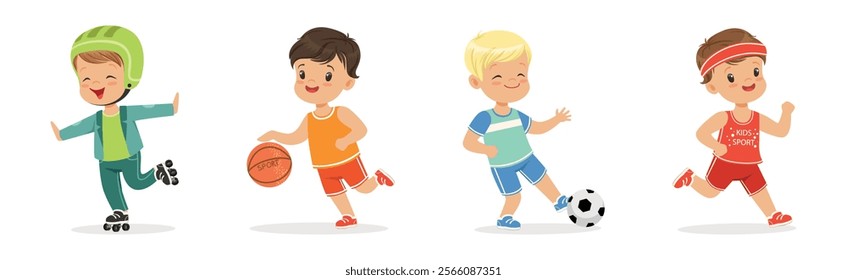 Playful Kid Character Enjoy Sport Game Leisure Activity Vector Set