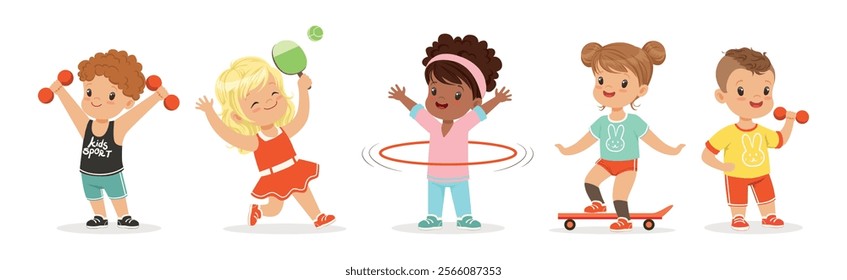 Playful Kid Character Enjoy Sport Game Leisure Activity Vector Set