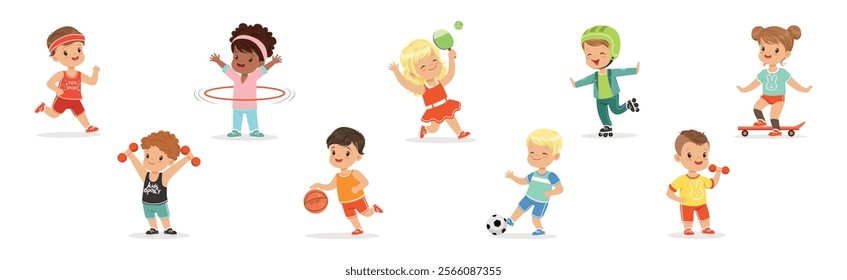 Playful Kid Character Enjoy Sport Game Leisure Activity Vector Set