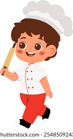 Playful Kid Chef Holding Rolling Pin Illustration