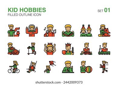 Playful Kid Hobbies and Activities Filled outline Icons Set 01