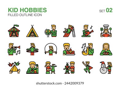 Playful Kid Hobbies and Activities Filled outline Icons Set 02