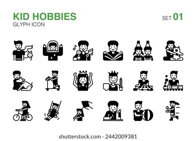 Playful Kid Hobbies and Activities Glyph Solid Icons Set 01
