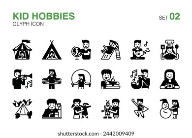 Playful Kid Hobbies and Activities Glyph, Solid Icons Set 02
