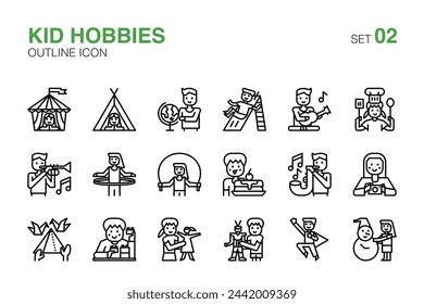 Playful Kid Hobbies and Activities Outline Icons Set 02