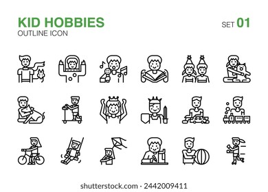 Playful Kid Hobbies and Activities Outline Icons Set 01