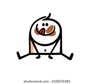 Playful kid is sitting on the floor with his face smeared with chocolate. The child licks the remnants of the sweet dessert from his lips with his tongue. Doodle cartoon stick man character isolated.