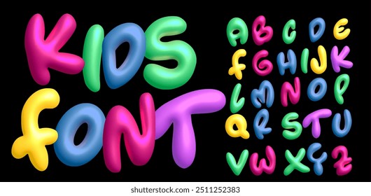 Alfabeto juguetón de los niños 3D, letras coloridas de la burbuja, tipografía alegre inflada del globo de la historieta para los logotipos de los niños, estilo funky vibrante, tipografía de la fiesta de cumpleaños. Tipografía de Vector de goma de mascar tridimensional