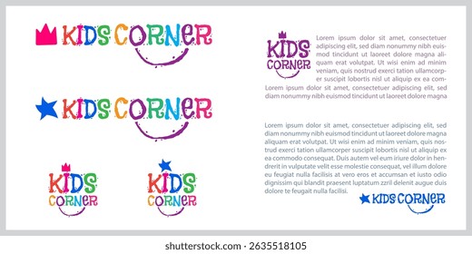 Playful Kids Corner Logo and Lettering Set, Vibrant Cartoon Kids Zone Typography and Badge. Happy Kids Corner Logo Design. Hand-Drawn Style Kids Corner icon. Fun Child Care and Playroom Vector.