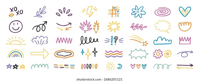 Playful kids doodle elements set with colorful icons and cute shapes. Hand drawn. Vector illustration.