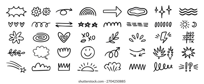 Playful kids doodle elements set with icons and cute shapes. Monochrome line art, hand drawn. Vector illustration.