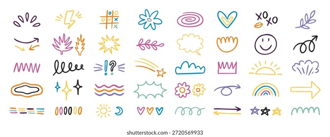 Elementos juguetones del doodle de los niños fijados con los iconos coloridos y las Formas lindas. Dibujado a mano. Ilustración vectorial.