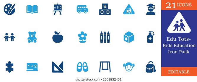 A playful kids' education icon pack with 21 editable vector icons. Perfect for preschool, kindergarten, apps, games, e-learning, and educational branding. Simple, cute, and modern style.
