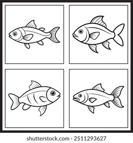 A playful kids' fish drawing perfect for colouring books! Features a cute fish with simple, bold lines, ideal for young artists to explore creativity.