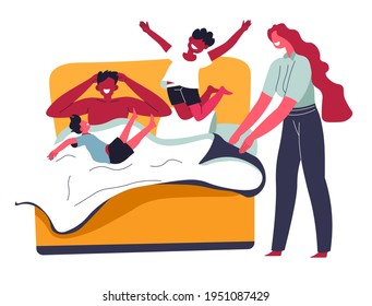 Playful kids having fun in parents bedroom. Siblings waking up father. Children playing with dad and mom, family leisure and weekends. Pastime of loving characters at home. Vector in flat style