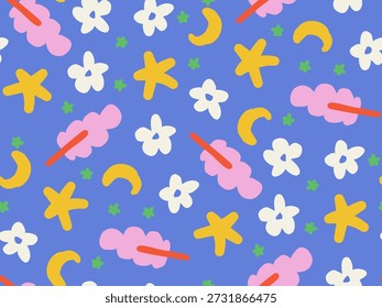 A playful kids illustration pattern featuring moon, stars, flowers, and trees in bright colors, suitable for children backgrounds, nursery decor, and creative surface design.