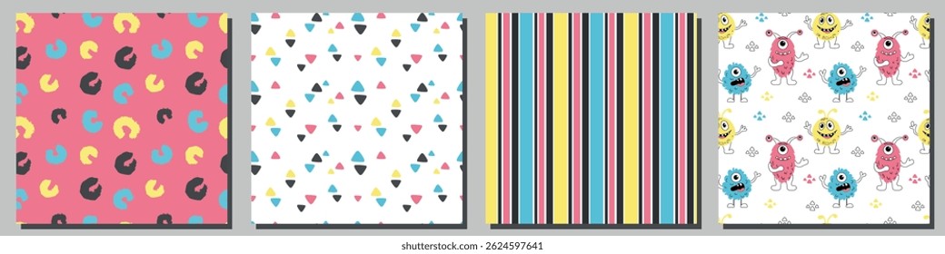 Playful Kids Pattern Bundle with Monsters and Shapes. Set of four seamless vector patterns including  monsters, abstract brush shapes, multicolor triangles, and vertical stripes in playful colors