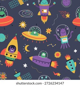 Patrón sin fisuras del espacio de los niños juguetones con los alienígenas lindos, cohetes, planetas, estrellas, satélites. Estilo dibujado a mano con colores brillantes sobre fondo oscuro, perfecto para diseños de niños, textiles, Fondos de pantalla
