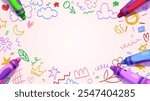 Playful kindergarten background with scattered doodles drawn by colorful crayons and painting tools. Educational supplies for creative learning environment design. Childlike border with kids pictures.