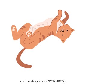 Playful kitten character lying on floor. Isolated kitty, ginger cat personage. Feline animal lifestyle and habits, domestic pets. Vector in flat style