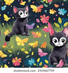 A playful kitten exploring a field of colorful butterfly