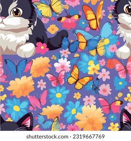 A playful kitten exploring a field of colorful butterfly