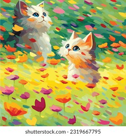 A playful kitten exploring a field of colorful butterfly